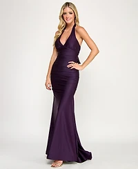 Emerald Sundae Juniors' Ruched Sleeveless Halter Gown