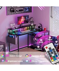 Mr Ironstone L-Shaped Office Desk with Power Outlets & Led Lights, 47" Computer Desk with Monitor Stand, Black