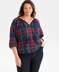 Style & Co Plus Size V-Neck Plaid Bubble-Sleeve Blouse, Macy's Exclusive