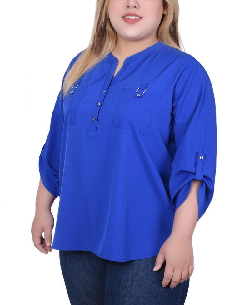 Ny Collection Plus Size 3/4 Tabbed Sleeve Y Neck Top
