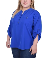 Ny Collection Plus Size 3/4 Tabbed Sleeve Y Neck Top