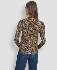 Dkny Jeans Women's Side Ruched High Neck Long Sleeve Top With Rhinestud Logo