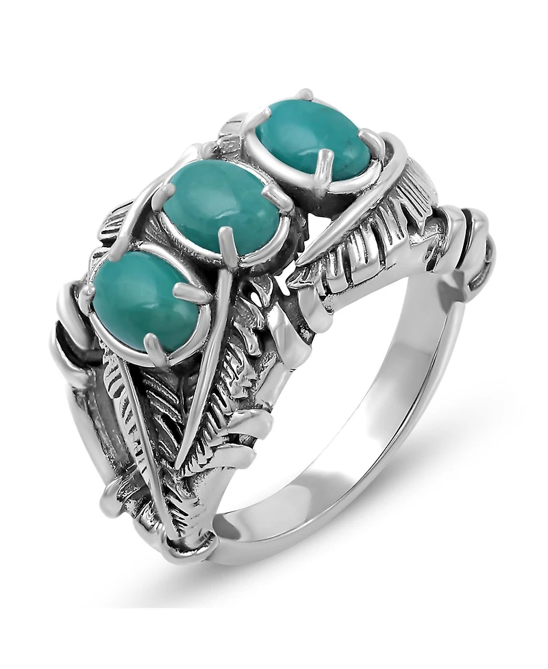 American West Jewelry Sterling Silver Green Turquoise Three Stone Feather Ring, Sizes 5 to 11