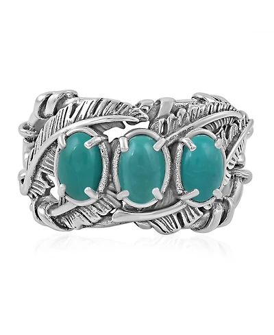 American West Jewelry Sterling Silver Green Turquoise Three Stone Feather Ring, Sizes 5 to 11