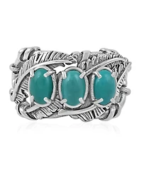 American West Jewelry Sterling Silver Green Turquoise Three Stone Feather Ring, Sizes 5 to 11