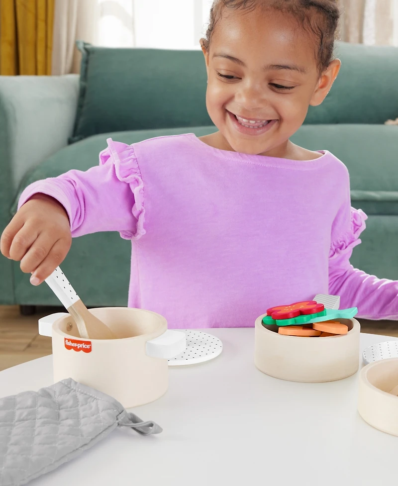 Fisher Price Wooden Pots and Pans Kitchen Set , 19 Wood Pieces