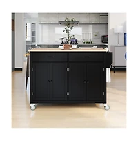 54.3" Kitchen Island Cart, Storage Cabinet with Solid Wood Top, 4-Door Cabinet, 2 Drawers & Locking Wheels-Maison Boucle