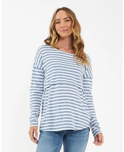 Ripe Maternity Maternity Lionel Long Sleeve Nursing Tee in Petrol and White - Stylish and Comfortable Wear