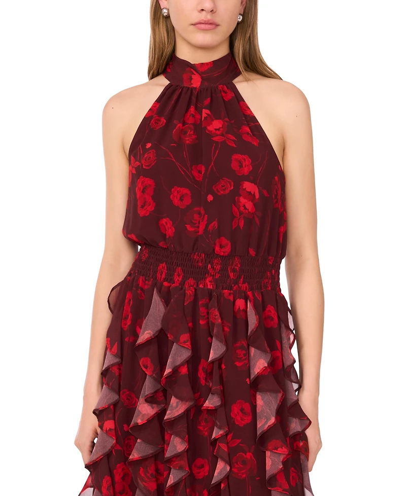 1.state Women's Flounce Cascading Halter Neck Maxi Dress