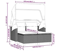 vidaXL Patio Sofa 2-Seater with Canopy and Stools Gray Poly Rattan