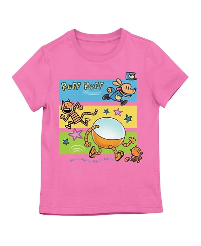 Dog Man Li'l Petey and 80-hd running on Pink Short Sleeve Girls T-Shirt-xl