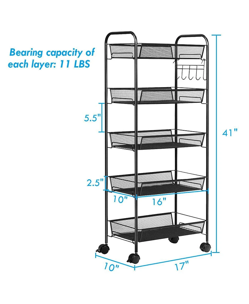 Costway 5 Tier Storage Rack Trolley Cart Home Kitchen Organizer Utility Baskets