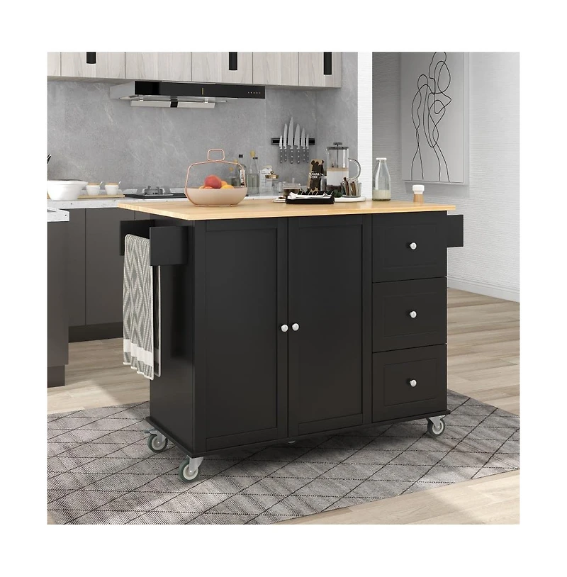 52.7" Rolling Kitchen Island with Drop Leaf, Solid Wood Top, Storage Cabinet & Drawers, Mobile Cart-Maison Boucle