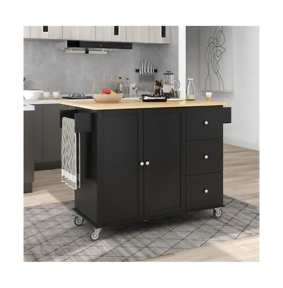 52.7" Rolling Kitchen Island with Drop Leaf, Solid Wood Top, Storage Cabinet & Drawers, Mobile Cart-Maison Boucle