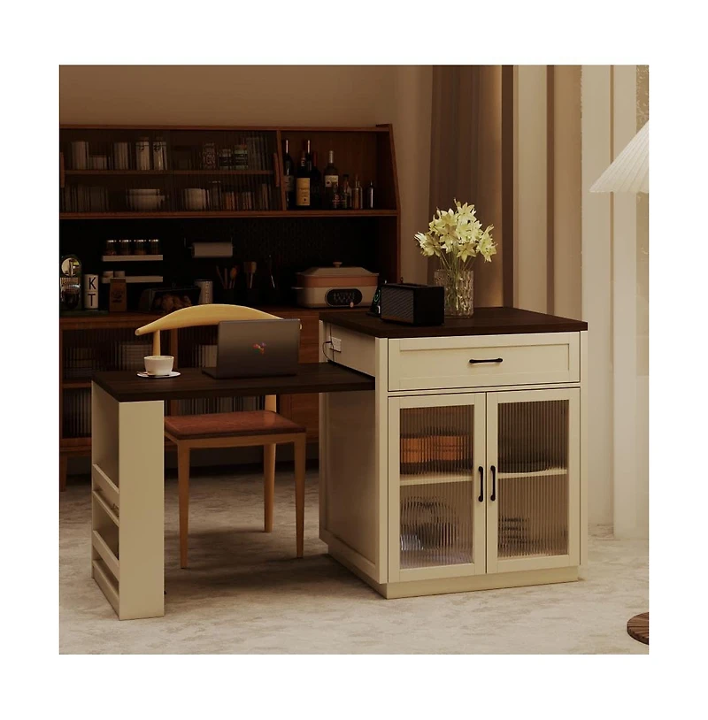 83.1" Extendable Kitchen Island with Pull-Out Table, Power Outlet, Storage Cabinet, Glass Doors & Spice Rack-Maison Boucle
