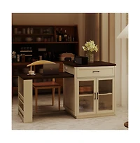 83.1" Extendable Kitchen Island with Pull-Out Table, Power Outlet, Storage Cabinet, Glass Doors & Spice Rack-Maison Boucle