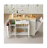 Maison Boucle 53.2" White Kitchen Island with Drawer, Cabinets, Spice Rack & Hidden Trash Can Storage, Modern Farmhouse Style-Maison Boucle