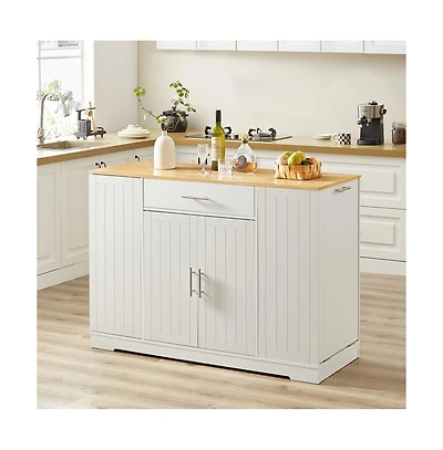Maison Boucle 53.2" White Kitchen Island with Drawer, Cabinets, Spice Rack & Hidden Trash Can Storage, Modern Farmhouse Style-Maison Boucle