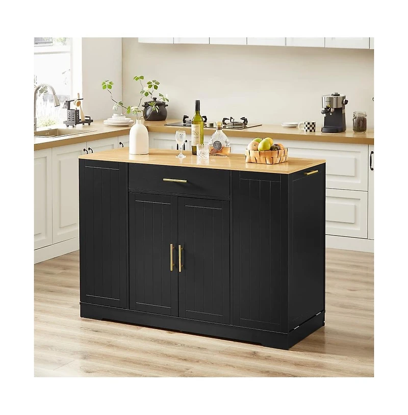 Maison Boucle 53.2" White Kitchen Island with Drawer, Cabinets, Spice Rack & Hidden Trash Can Storage, Modern Farmhouse Style-Maison