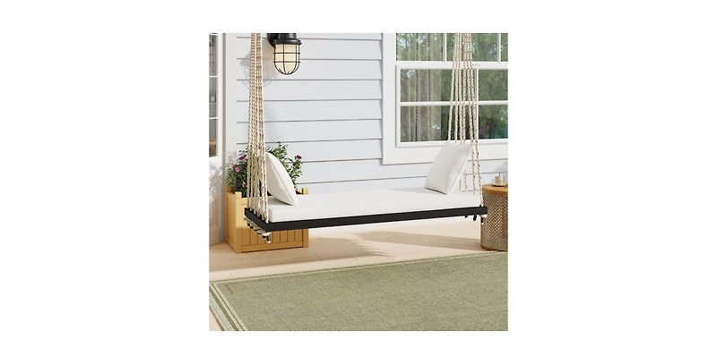 63 Inch Acacia Wood Porch Swing with Cushion and Hemp Ropes