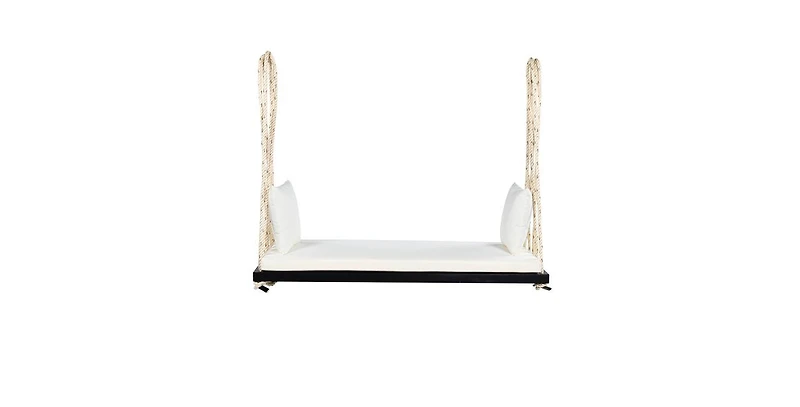 63 Inch Acacia Wood Porch Swing with Cushion and Hemp Ropes