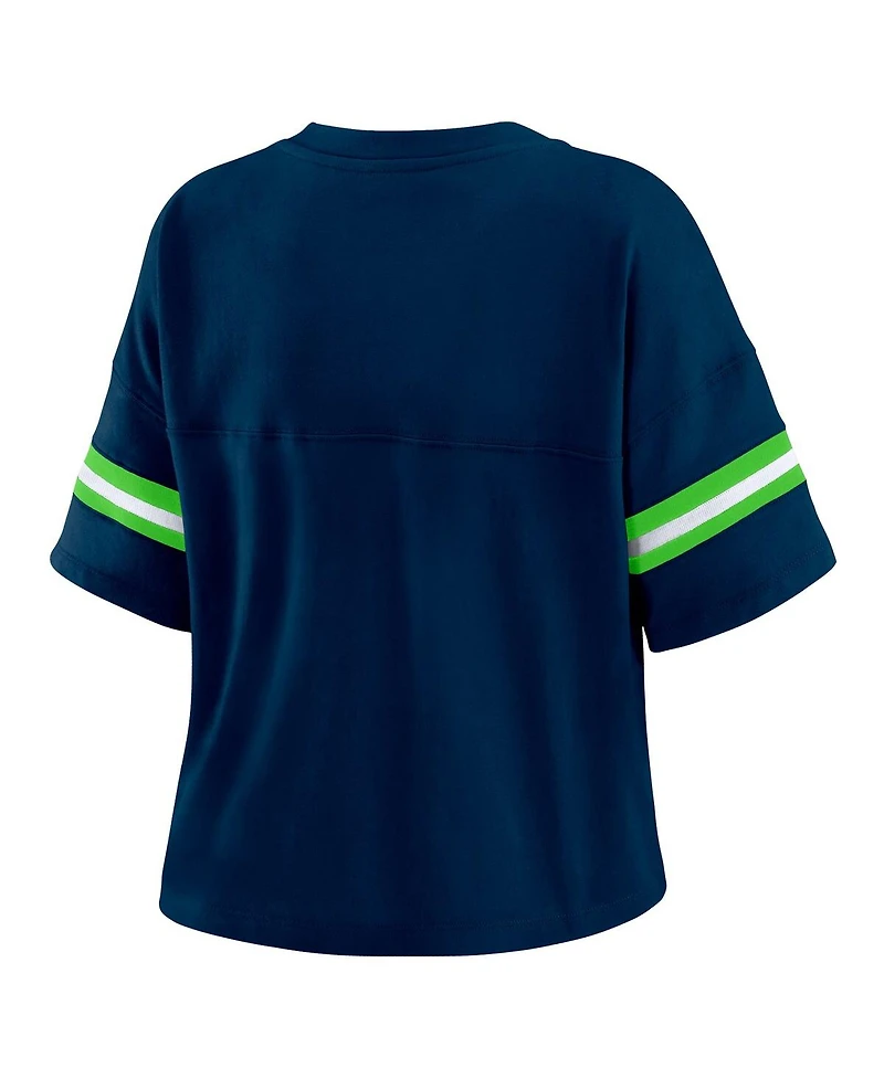 Wear by Erin Andrews Women's Navy Seattle Seahawks Color Block Boxy Modest Crop V-Neck T-Shirt