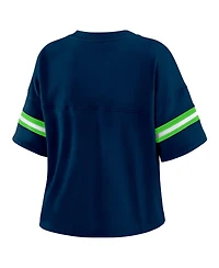 Wear by Erin Andrews Women's Navy Seattle Seahawks Color Block Boxy Modest Crop V-Neck T-Shirt