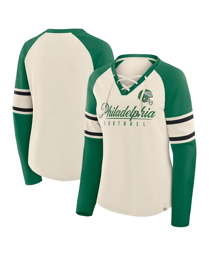 Fanatics Women's Cream/Kelly Green Philadelphia Eagles Hometown Gridiron Hero Raglan Lace-Up V-Neck Long Sleeve T-Shirt