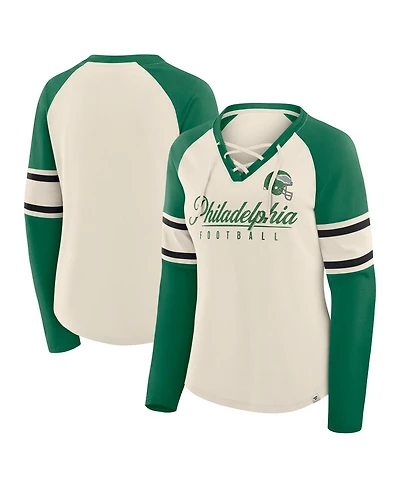 Fanatics Women's Cream/Kelly Green Philadelphia Eagles Hometown Gridiron Hero Raglan Lace-Up V-Neck Long Sleeve T-Shirt