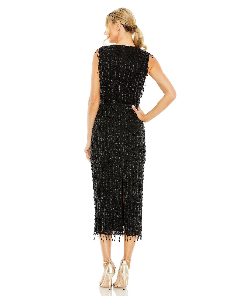 Mac Duggal Women's Sleeveless High Neck Beaded Midi Sheath Dress
