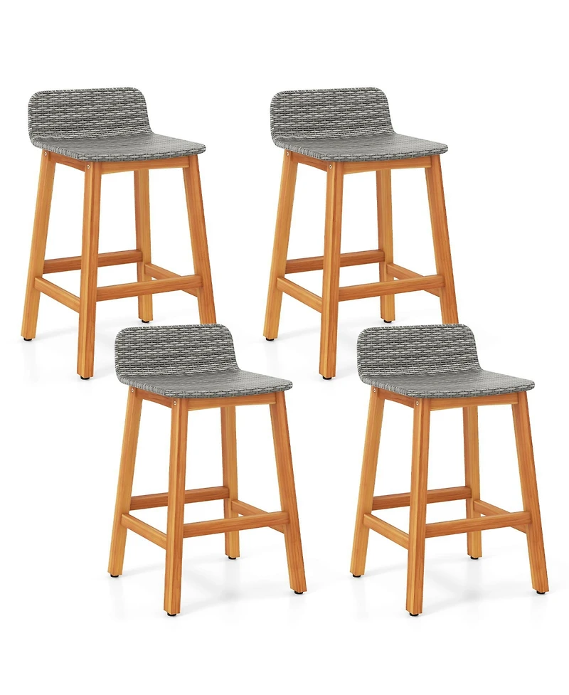 Gymax Solid Acacia Wood Bar Stools Set of Rattan Bar Height Patio Chairs for Porch