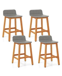 Gymax Solid Acacia Wood Bar Stools Set of Rattan Bar Height Patio Chairs for Porch