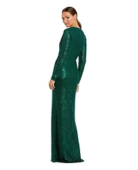Mac Duggal Women's Sequined Long Sleeve Side Knot Gown