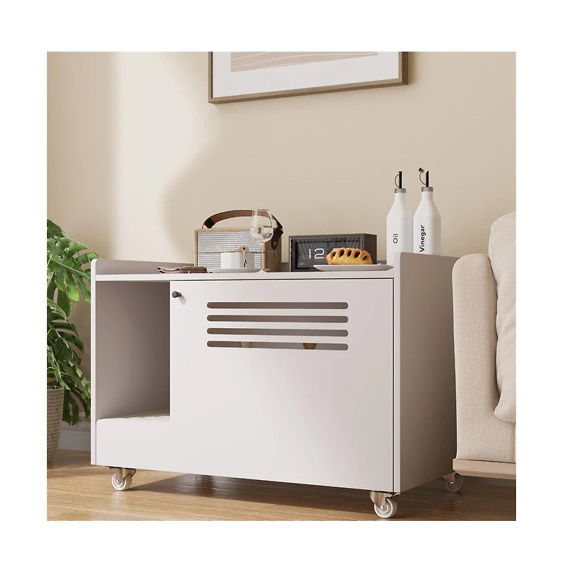 Zeus & Ruta White Hidden Litter Box Cabinet with Storage Bench