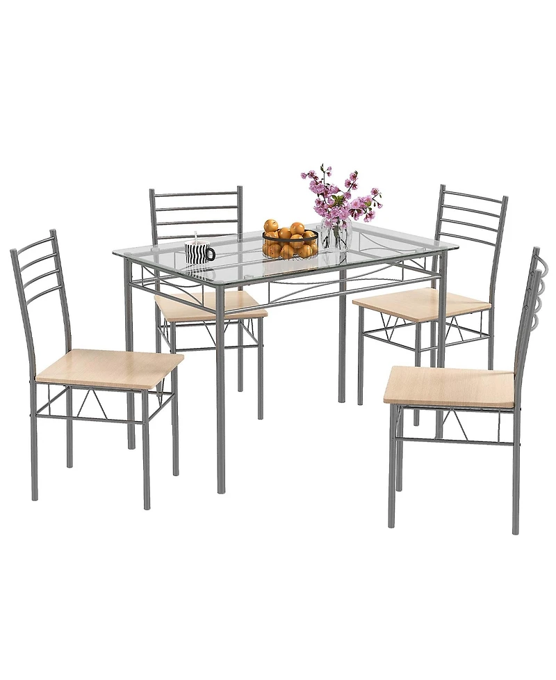 Costway 5 Piece Dining Set Table and 4 Chairs Glass Top Kitchen Breakfast Furniture