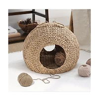 Zeus & Ruta Woven Wicker Round Cat Bed Cave with Handles 18"x18"x18"