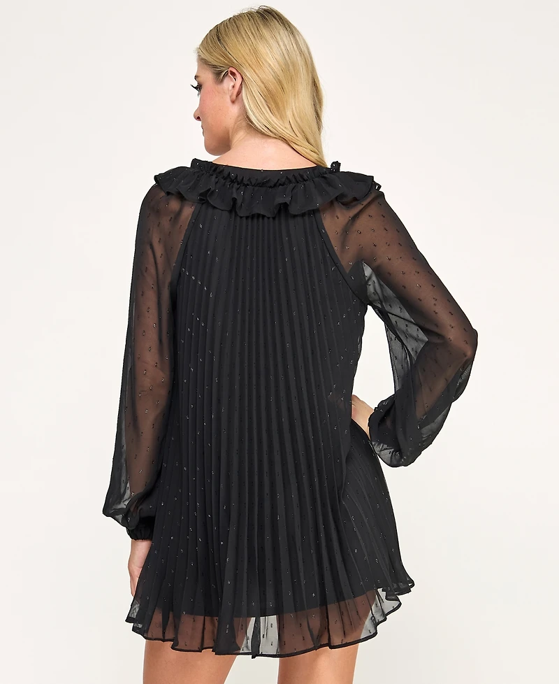 City Studios Juniors' Pleated Clip Dot Long Sleeve Dress