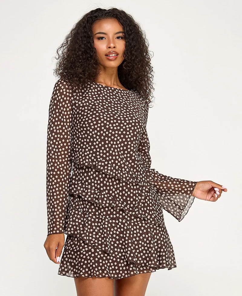 City Studios Juniors' Polka Dot Ruffle Long Sleeve Dress