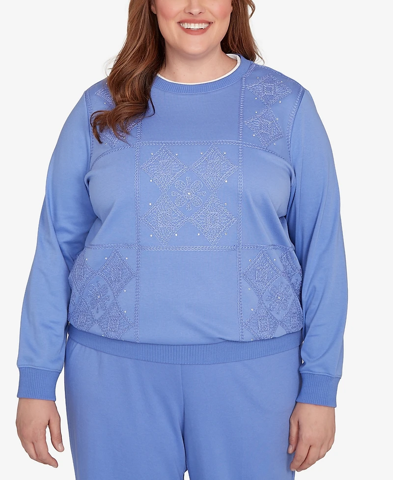 Alfred Dunner Plus Size Casual Vibe Embroidered Patchwork Long Sleeve Top