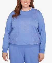Alfred Dunner Plus Size Casual Vibe Embroidered Patchwork Long Sleeve Top