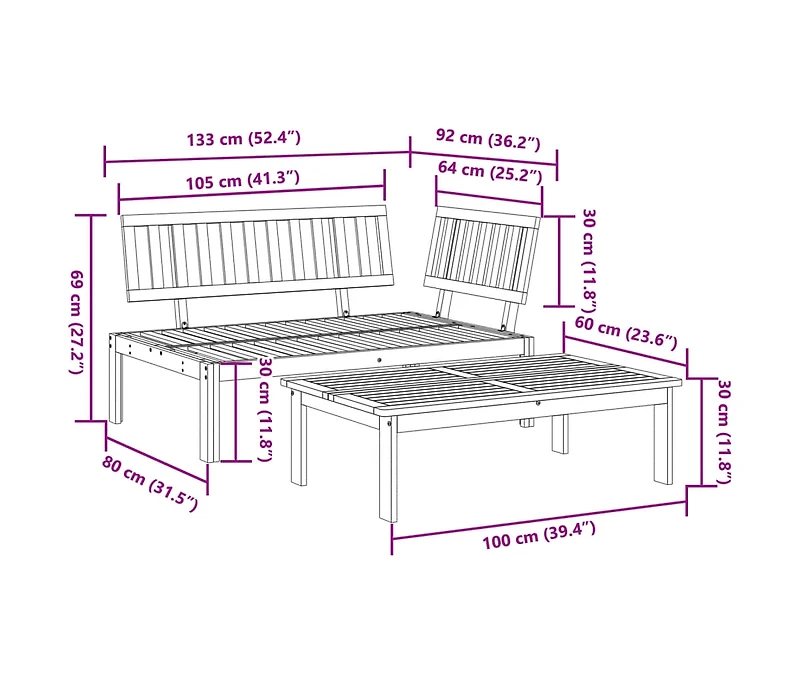 Pallet Sofa Set Natural Wood Solid Acacia Wood 52.4x36.2x27.2 in