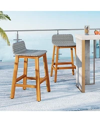 Gymax Solid Acacia Wood Bar Stools Set of 2 Rattan Bar Height Patio Chairs for Porch