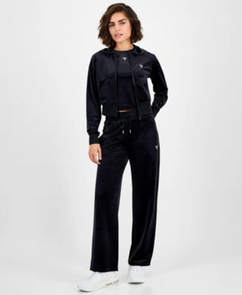 Guess Womens Couture Cropped Velour Hoodie Short Sleeve T Shirt Couture Straight Leg Velour Pants