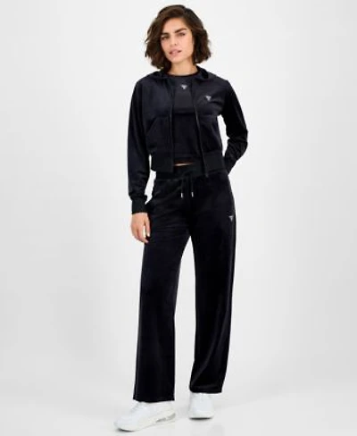 Guess Womens Couture Cropped Velour Hoodie Short Sleeve T Shirt Couture Straight Leg Velour Pants