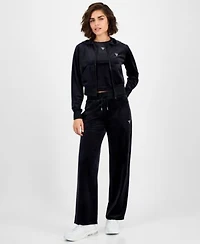 Guess Womens Couture Cropped Velour Hoodie Short Sleeve T Shirt Couture Straight Leg Velour Pants