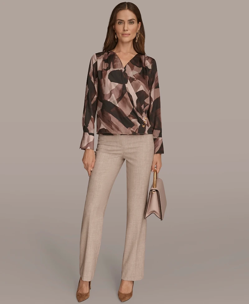 Donna Karan New York Petite Printed Satin Long Sleeve Wrap Top