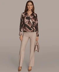 Donna Karan New York Petite Printed Satin Long Sleeve Wrap Top