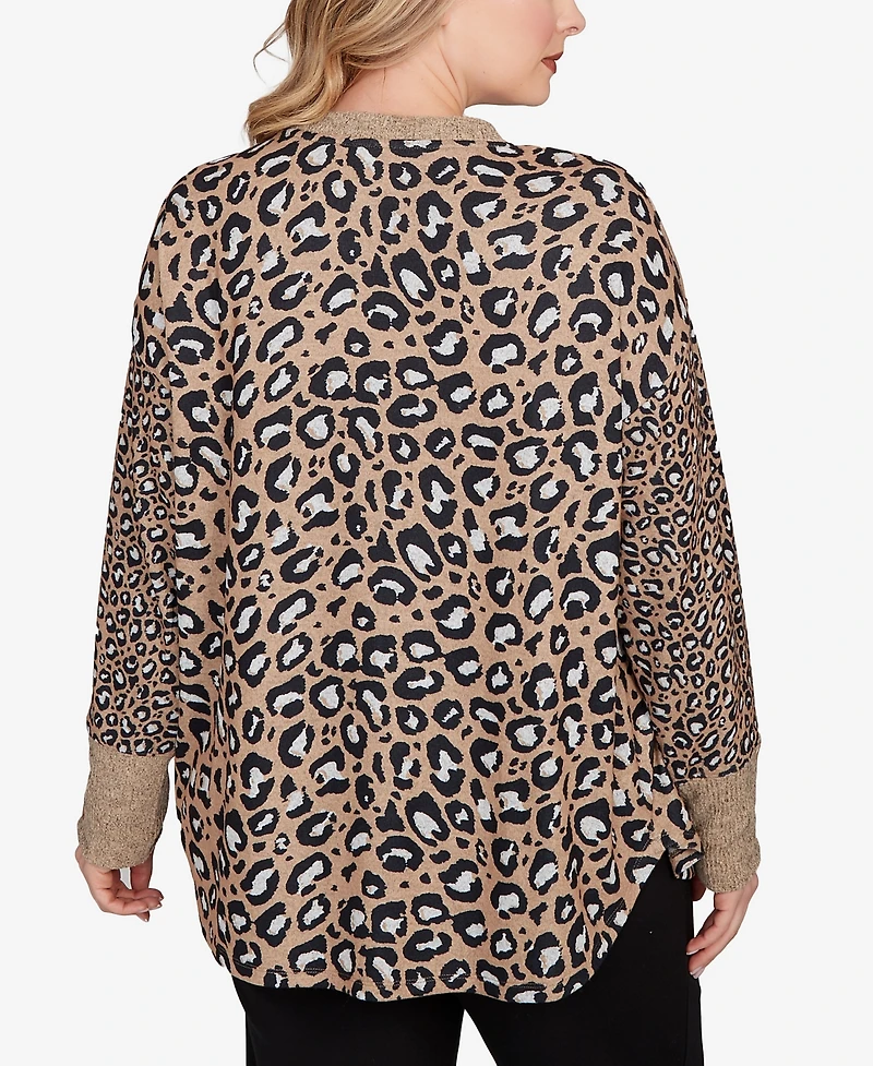 Ruby Rd. Plus Sweater Trimmed Cozy Animal Print Top