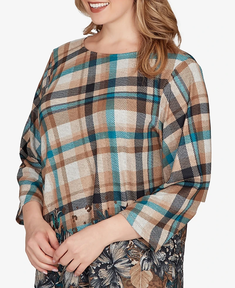 Ruby Rd. Plus Floral Plaid Cozy Ballet Neck Top