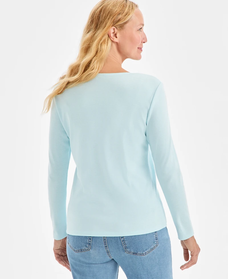 Style & Co Petite Scoop-Neck Long-Sleeve Cotton Top